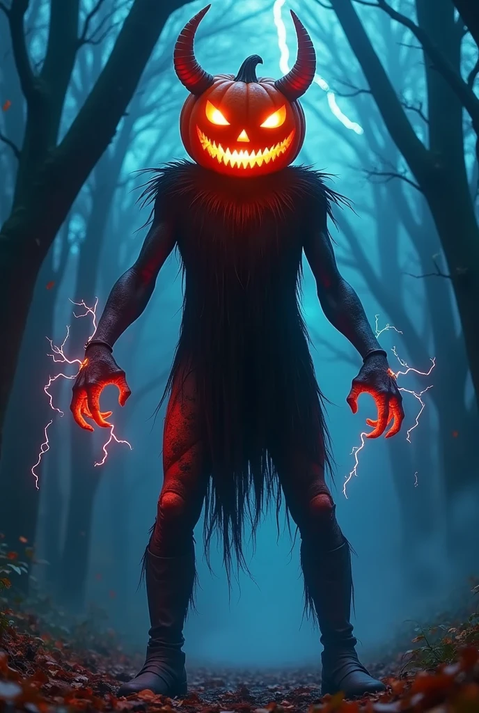 Halloween， A fearsome pumpkin lantern monster  , Devil&#39;s Horns,  Legs pierced by countless lightning ,  Ragged clothes，Leather Boots，Twisted trees, Colourful colored paper , Lingering,   woven intricate patterns with colored nebulae， dark , Moody, fear, dark  fantasy,  dramatic lighting , Vivid Colors ,Movie