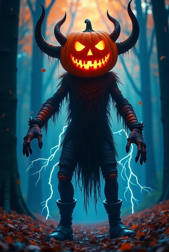 Halloween， A fearsome pumpkin lantern monster  , Devil&#39;s Horns,  Legs pierced by countless lightning ,  Ragged clothes，Leather Boots，Twisted trees, Colourful colored paper , Lingering,   woven intricate patterns with colored nebulae， dark , Moody, fear, dark  fantasy,  dramatic lighting , Vivid Colors ,Movie