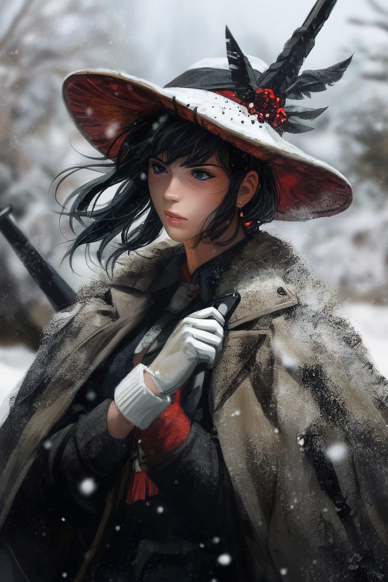 score_9, score_8_up, score_7_up, score_6_up, source cartoon, a woman wearing a big hat and holding a gun in the snow, 1girl, hat, gun, solo, weapon, holding gun, holding weapon, blue eyes, nature, white gloves, forest, handgun, holding, gloves, black hair, blurry background, snow, parted lips, detailed face