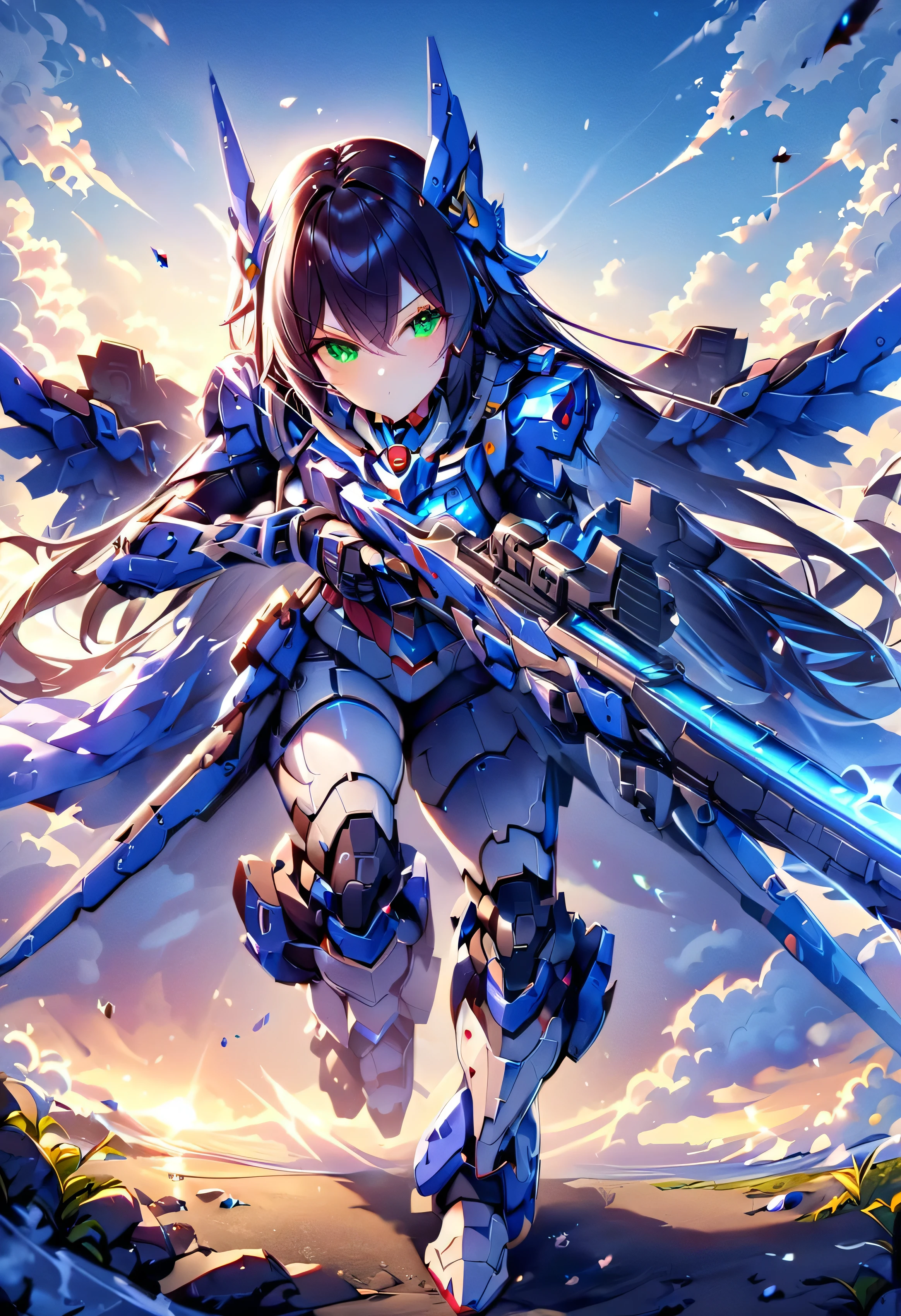 girl masterpiece, best quality, high resolution, best detailed, HDR, 4k, 8k, black hair, very long hair, detailed face, beautiful shape, anthropomorphism, mobile suit gundam, green eyes, blue and white armor, full body, mechanical gloves, mechanical long boots, mechanical wings, holding a rifle, running, lokking over,