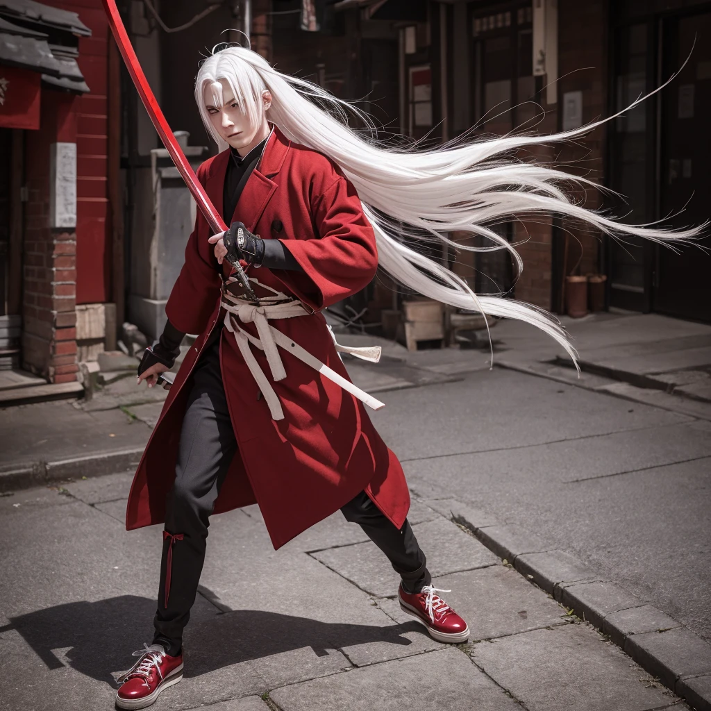 A young man with white hair and red eyes, holding a katana and wearing demon slayer clothes, a long brown coat and red shoes