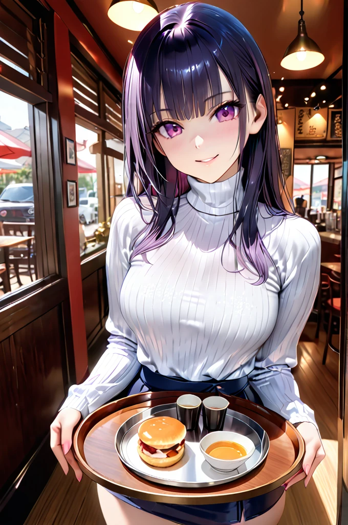 (Best Quality, Masterpiece, Photo realistic, Ultra Detailed, ultra high res, raw:1.3), (1girl, pretty, Japanese), (smile), (turtleneck sweater), (breasts on tray, round tray, sliver tray:1.3), mini-skirt, cafe, bangs,