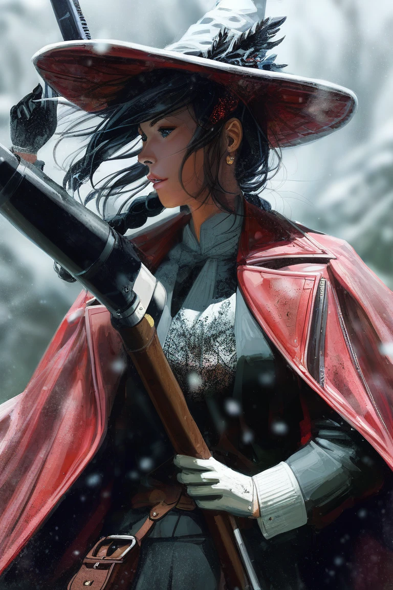 score_9, score_8_up, score_7_up, score_6_up, source cartoon, a woman wearing a big hat and holding a gun in the snow, 1girl, hat, gun, solo, weapon, holding gun, holding weapon, blue eyes, nature, white gloves, forest, handgun, holding, gloves, black hair, blurry background, snow, parted lips, detailed face, perfection