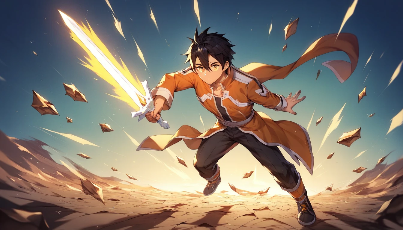 Kirito in Sword Art Online，Kirito，Black gi，Black Hair，Wearing a golden aura， golden eyes，My hair flutters in the wind，He has two swords on his back ，One hand raised， and a large blue energy bullet floats above the hand he is raising，Cracked Ground，Brown ground，sunny