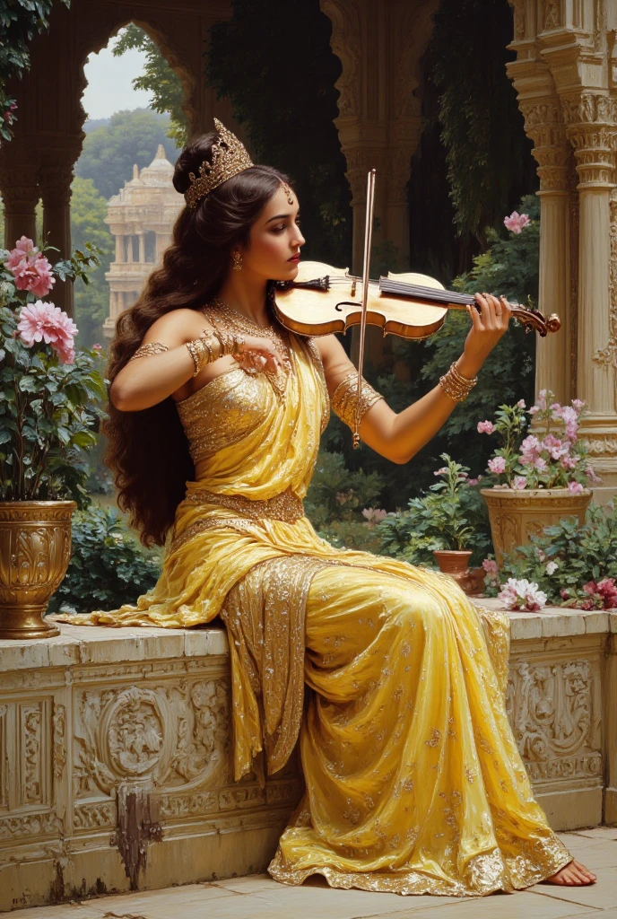 Create an oil painting in the Renaissance style, inspired by the works of William Adolphe Bouguereau. The focus is a beautiful Indian women with long brown hair with intricate hairstyle sitting on a weathered stone bench. She is playing a white violin, exuding calmness and grace. His traditional lemon yellow saree with golden boeder, tied loosely giving drape aesthetics, adds an authentic touch, wearing golden ornaments in arms, waist, neck, feets etc. The background should feature a dreamlike atmosphere with lush greenery and traditional Indian architecture blending into the scene, enhancing the mood of tranquility. Use brushstrokes that mimic the detailed, refined technique of Bouguereau. Infuse the aesthetic elements of a Sanjay Leela Bhansali movie, with rich, ornate colors and a cinematic flair, giving the entire composition a larger-than-life, luxurious quality.
