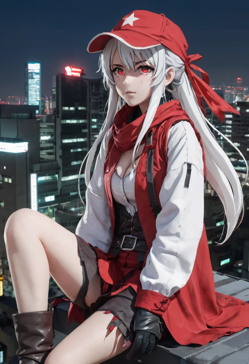 zPDXL2, score_9_up, score_8_up, score_7_up, (Anime_source), 1girl, CrimsonAbyss, Heterochromia, red eye, grey eye, white hair, Crimson clothes, headgear, (bandaged leg), cowboy shot, looking at viewer, sitting on roof, dutch angle floating hair, cyber city
