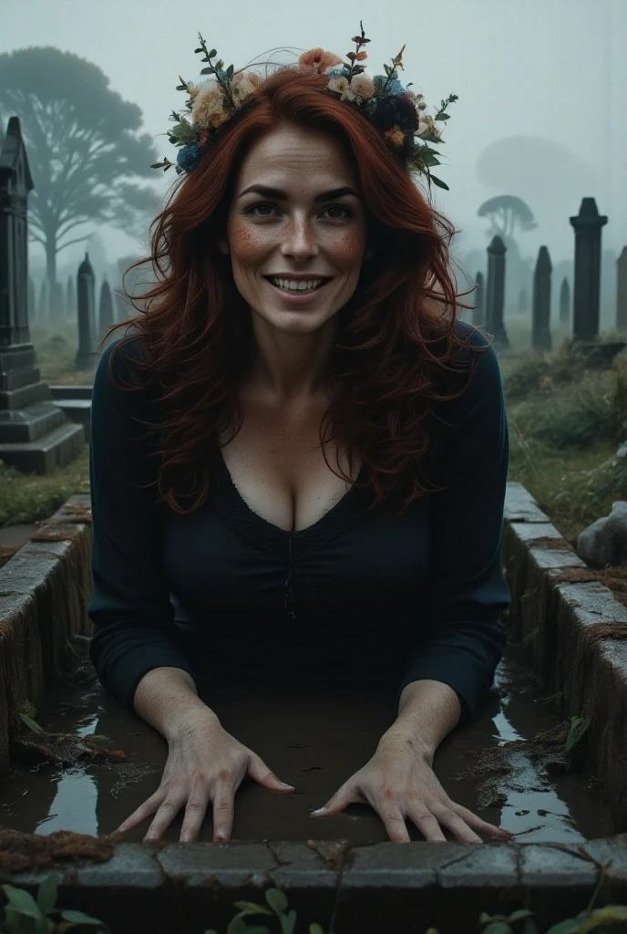 Photorealistic, cinematic style, a foggy cemetary. open grave. A woman is climbing out of the grave. She is a mature beautiful British woman. She has Brown eyes, downturned eye shape. looking in the camera. Scary smile. She has long reddish-brown hair, undercut hairdo. Some earth in her hair. Black dress. Perfect hand,HDR, intricate details, scary
