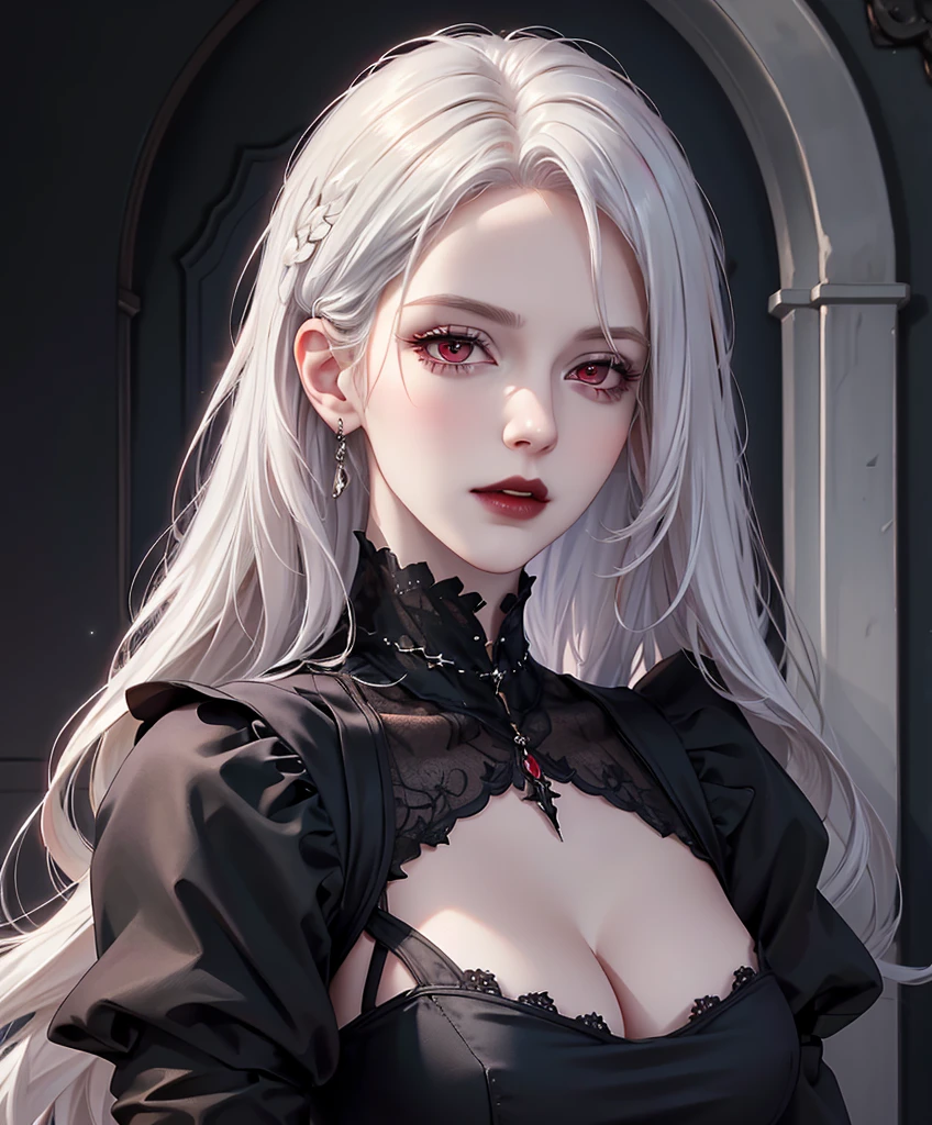 Realistic Portrait, Elegant mature woman (1 female), with red eyes, white hair, long hair, focus on face, close up shot, cleavage, gothic black dress, only upper body, up to waist, soft light, high detail, 4k resolution, high quality, beautiful CG