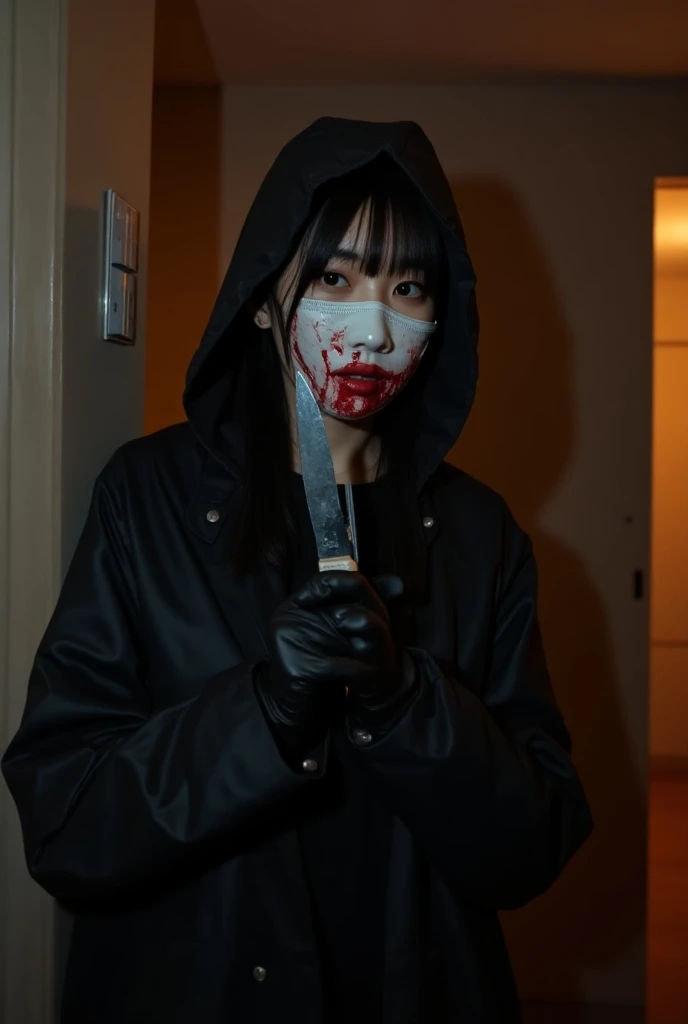 korean girl, (behind corpse, surgical mask), multiple girls, holding knife, stabbing, black raincoat, black gloves, hood up, room full of blood, black wet suit, holding knife, black gloves, behind corpse, blood splatter, short hair, night, mass murderer, robbery, in the house,