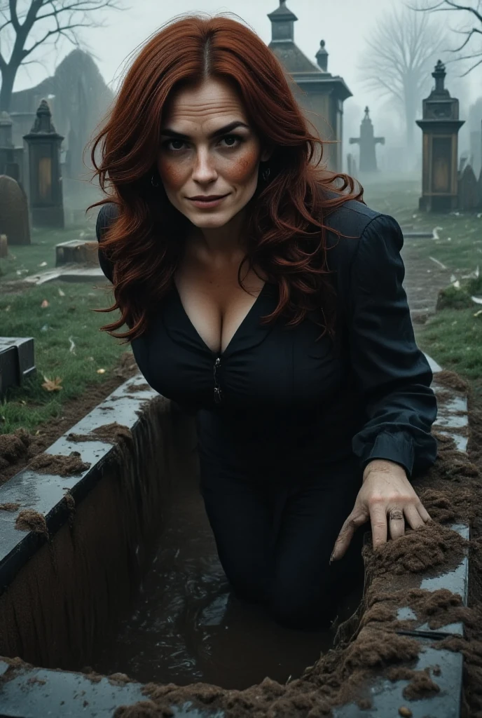 Photorealistic, cinematic style, a foggy cemetary. freshly dug open grave. pit in the ground. A woman is climbing out of the grave. She is a mature beautiful British woman. She has Brown eyes, downturned eye shape. looking in the camera. Scary smile. She has long reddish-brown hair, undercut hairdo. Some earth in her hair. Black dress. Perfect hand,HDR, intricate details, scary
