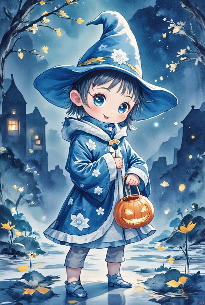  title, "   scary cute Halloween  ! Halloween art style ，Halloween theme，cartoon anime illustration  ：  Child ，   holding a pumpkin basket full of candy，Cute expression，Trick or Treat。Castle Background， A giant ghost in a wizard costume  