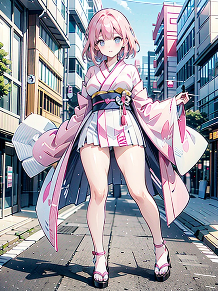 pink kimono 　 pink hair straight long　Busty　 plump thighs 　Oversized breasts　Sandals　Kyoto Downtown