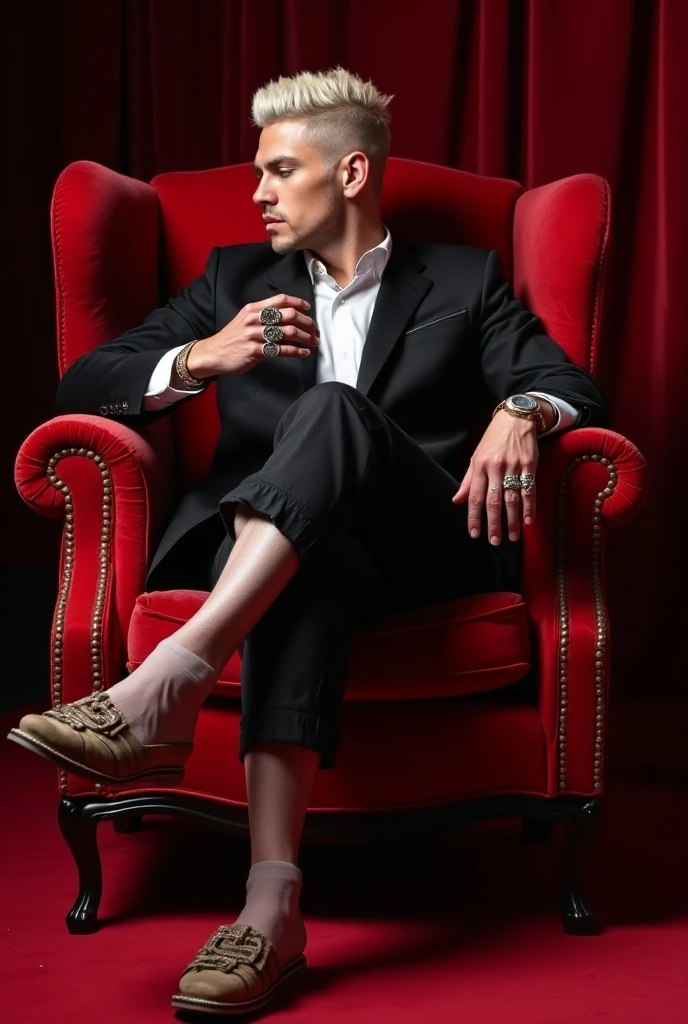 Sitting in the armchair, A beautiful redhead with a ponytail, in elegant black boots, elegant, beautiful female red coat, red painted nails, blue eyes, Beautiful young man, having beard 