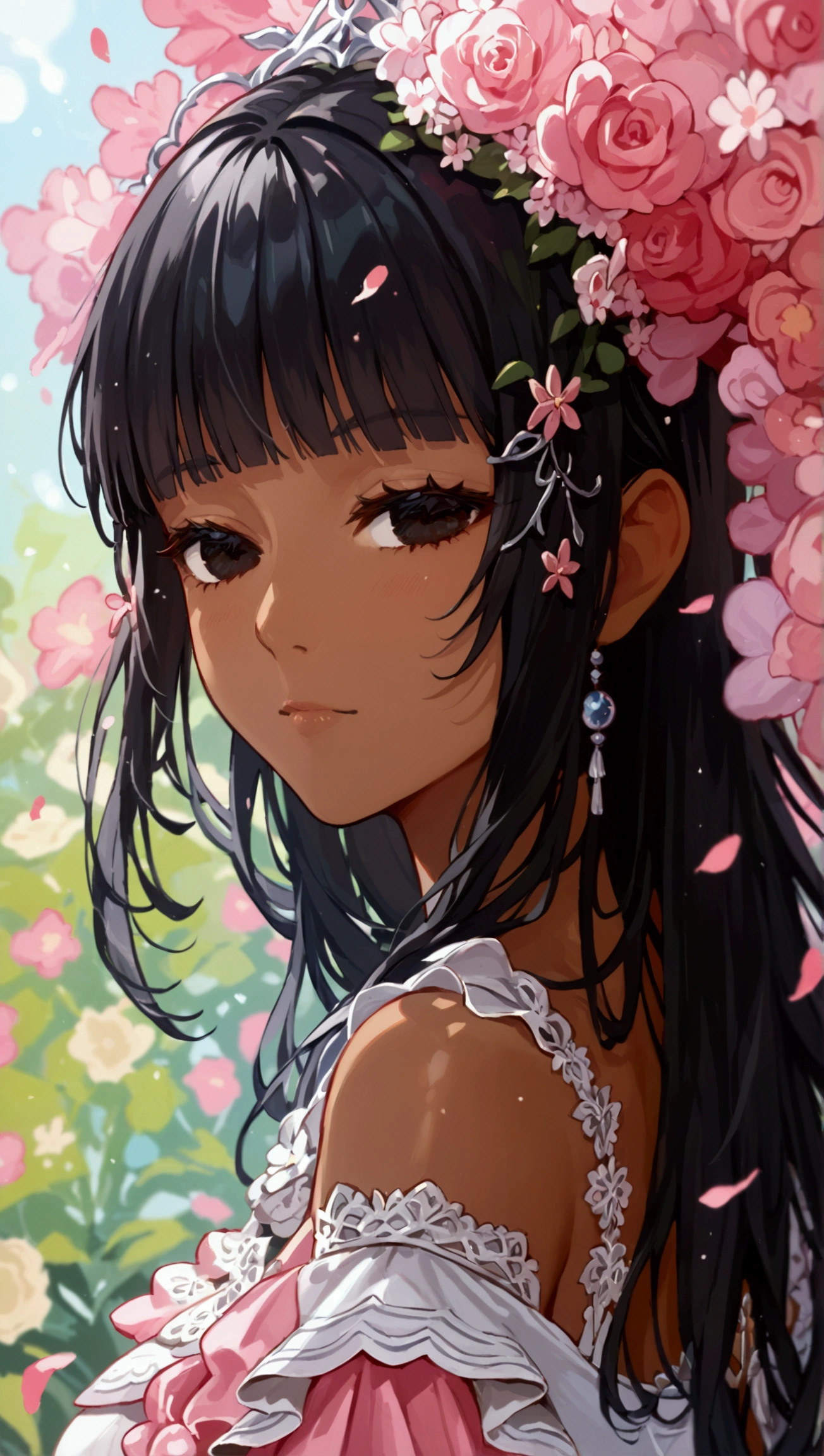 score_9, score_8_up, score_7_up, masterpiece, ultra-detailed, pretty eyes, Anime Style, nsfw,  long hair, hime cut, black hair, Pink Inner color, dark skin, halfｰClosed Eyes, white backless dress, Simple background, full body