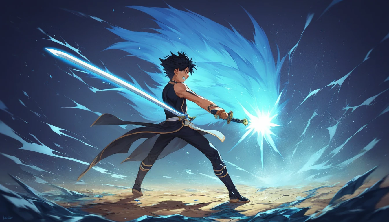 Kirito in Sword Art Online，Kirito，Black gi，((Black clothes))Black Hair，Wearing a golden aura，Wearing a golden aura，My hair flutters in the wind， wielding 2 swords ，Black sword with right hand ， blue sword with left hand ， blue aura to waving sword， sword with blue aura ，Cracked Ground，Brown ground，sunny， clenching teeth ， jagged back teeth 