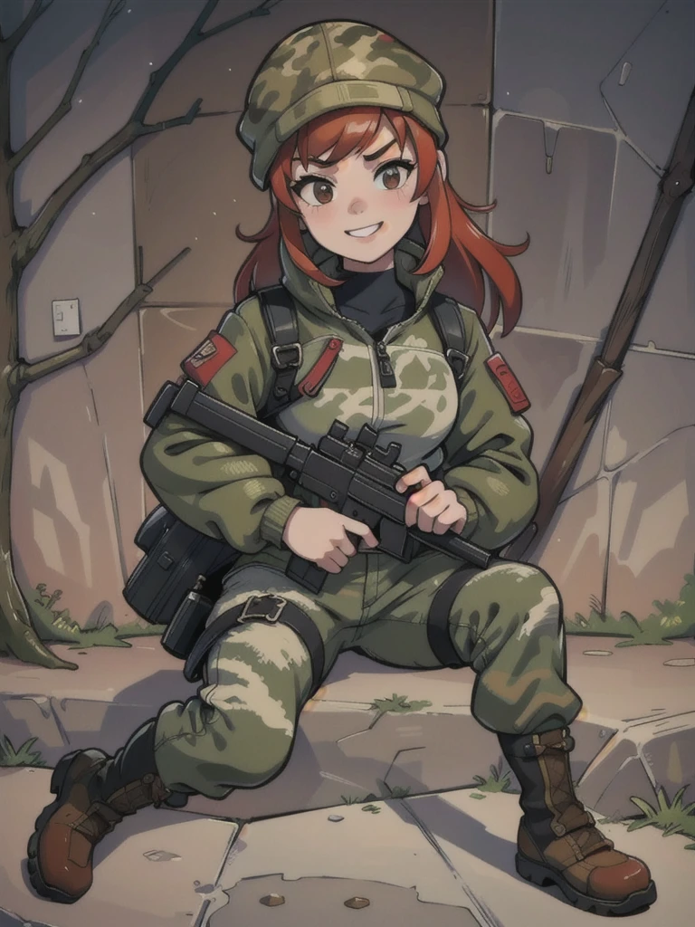 Girl with a smile and red hair, with a camouflage jacket, camouflage balaclava, camouflage pants and army boots.