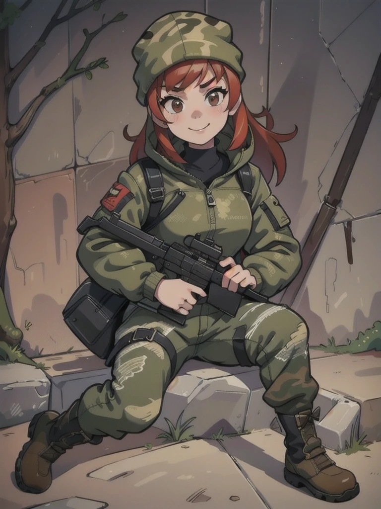 Girl with a smile and red hair, with a camouflage jacket, camouflage balaclava, camouflage pants and army boots.