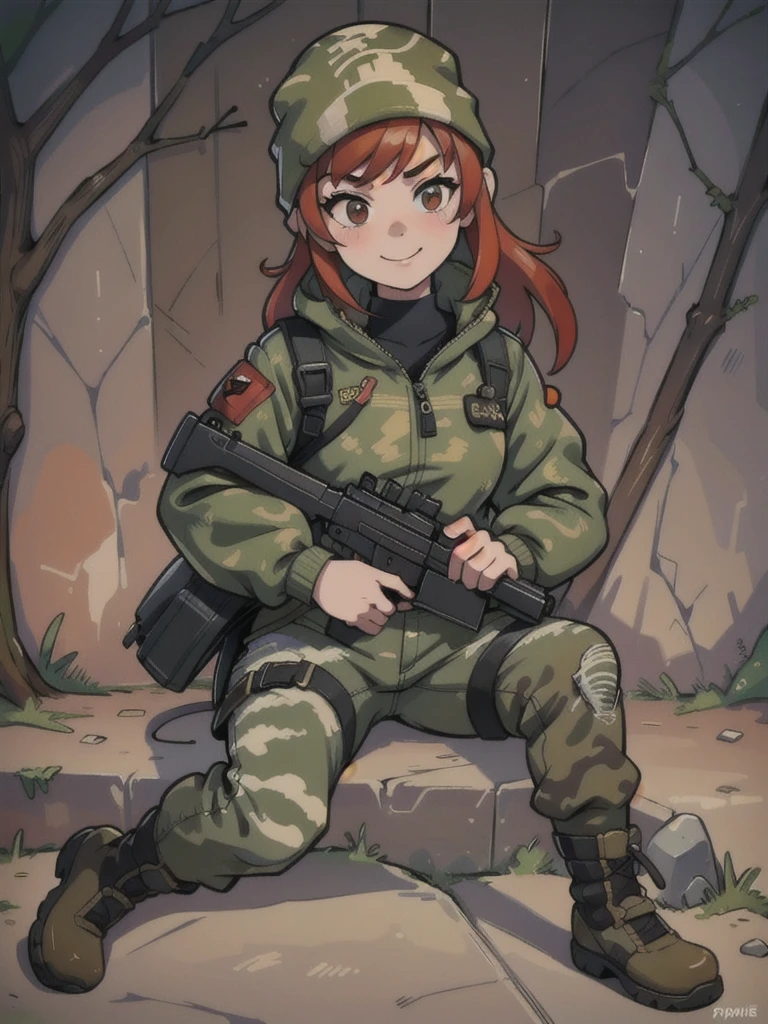 Girl with a smile and red hair, with a camouflage jacket, camouflage balaclava, camouflage pants and army boots.