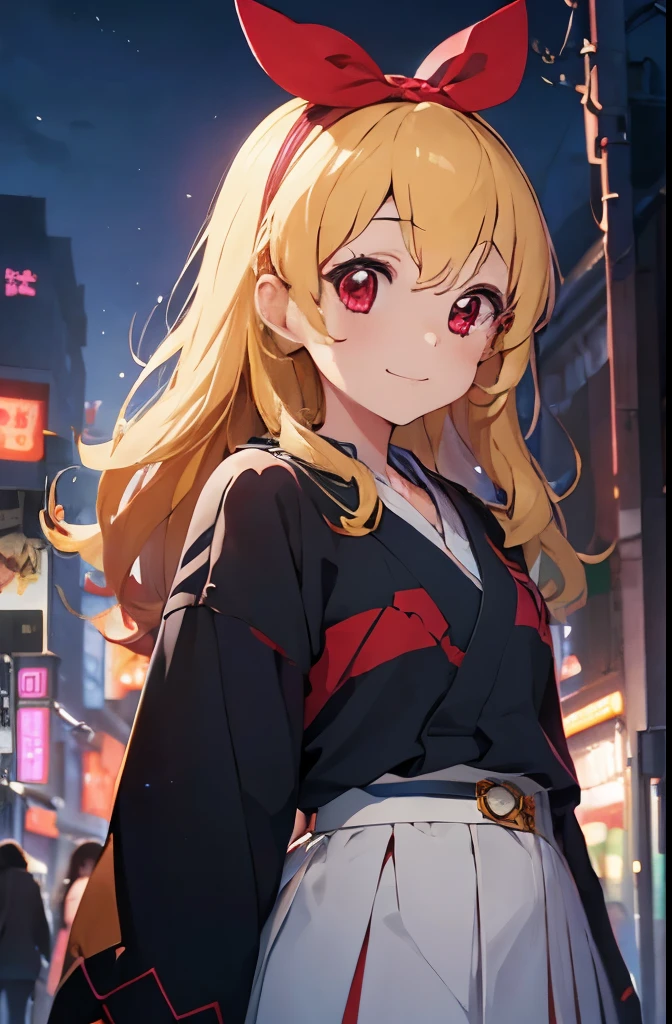 absurdres, absolutely resolution, incredibly absurdres, highres, ultra detailed, official art, unity 8k wallpaper,
BREAK
1 girl, soro, long hair, blonde hair, bow, kimono blazer:1.6, kimono skirt, over black legwear,, doyagao, smile, red eyes, kimono:1.6, cherry blossom print,
BREAK
holding weapon, holding katana, (katana:1.2), fighting stance, cowboy shot,
BREAK
(cyberpunk:1.1), cyber city, neon city, cyber street, japanese night, cherry blossoms, sakura fubuki, Ichigo Hoshimiya(Aikatsu!)