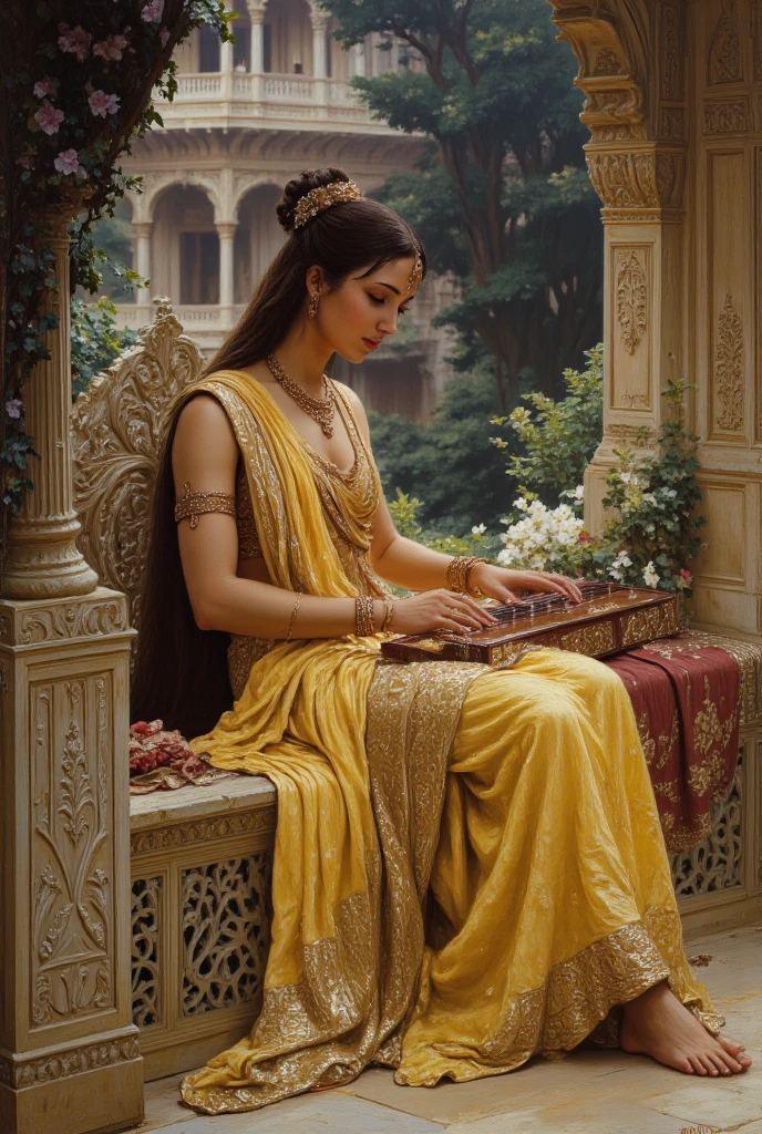 Create an oil painting in the Renaissance style, inspired by the works of William Adolphe Bouguereau. The focus is a beautiful Indian women with long brown hair with intricate hairstyle sitting on a weathered stone bench. She is playing a harmonium, exuding calmness and grace. His traditional lemon yellow saree with golden boeder, tied loosely giving drape aesthetics, adds an authentic touch, wearing golden ornaments in arms, waist, neck, feets etc. The background should feature a dreamlike atmosphere with lush greenery and traditional Indian architecture blending into the scene, enhancing the mood of tranquility. Use brushstrokes that mimic the detailed, refined technique of Bouguereau. Infuse the aesthetic elements of a Sanjay Leela Bhansali movie, with rich, ornate colors and a cinematic flair, giving the entire composition a larger-than-life, luxurious quality.
