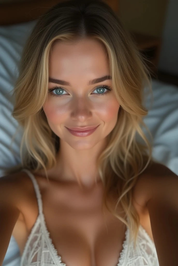 ((Highest quality, 8k, RAW Photos, masterpiece :1.3)), (Realistic、Realistic:1.37)、Very detailed、Ultra-high resolution, (Professional Lighting), ((From below:1.2、From the side:1.2)),((Full body photo)),alone, 1 23-year-old blonde woman, ((hiperrealismo)) , body, very , blonde hair with light brown roots. cabello rubio, Hair with brown roots, ponytail hair, Beautiful, thin body, long Legs, Front view, white transparent bra, escotada, in her luxury home bedroom ,Small breasts、 Small breasts:1.3, , Fine and beautiful skin, Skin Texture, , (Healthy smile), (White transaprent bra, ,, Remember, girl,alone、look at the camera front taking a Selfie, in a room in front of a Door