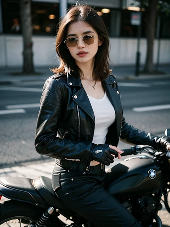 SFW, A beautiful woman, (1girl, solo, 23yo), stunning, (medium wavy dark-haired), (pale skin:1.2), wears (Rayban Aviator Sunglasses, leather jacket, leather gloves, leather pants), Riding on a BMW heavy motorcycle, (eyes to camera, looking at viewer), messy hair, (Medium shot), UHD, masterpiece, textured skin, super detail, high details, best quality, highres, 16k, epiC35mm