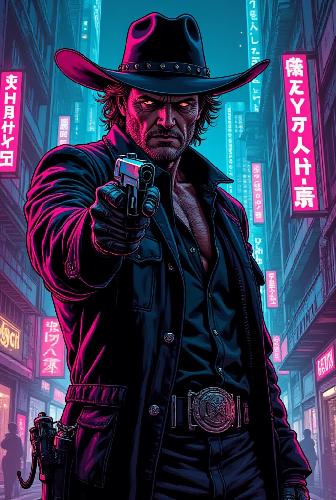 Comic book style, illustration, manga, cinematic style, (anime hand drawn style), cyberpunk cybernetic man cowboy pointing at gun in front (pistol), neon lights