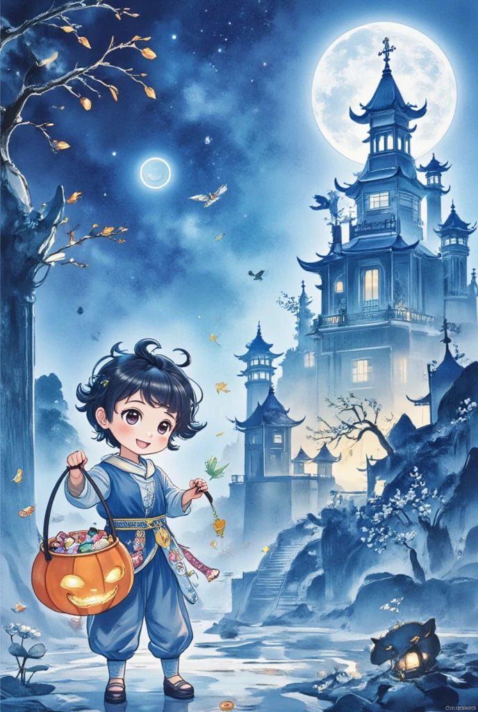  title, "   scary cute Halloween  ! Halloween art style ，Halloween theme，cartoon anime illustration  ：  Child ，   holding a pumpkin basket full of candy，Cute expression，Trick or Treat。Castle Background， A giant ghost in a wizard costume  