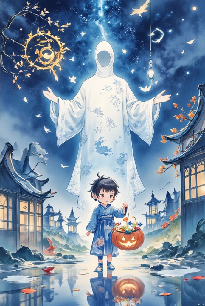  title, "   scary cute Halloween  ! Halloween art style ，Halloween theme，cartoon anime illustration  ：  Child ，   holding a pumpkin basket full of candy，Cute expression，Trick or Treat。Castle Background， A giant ghost in a wizard costume  