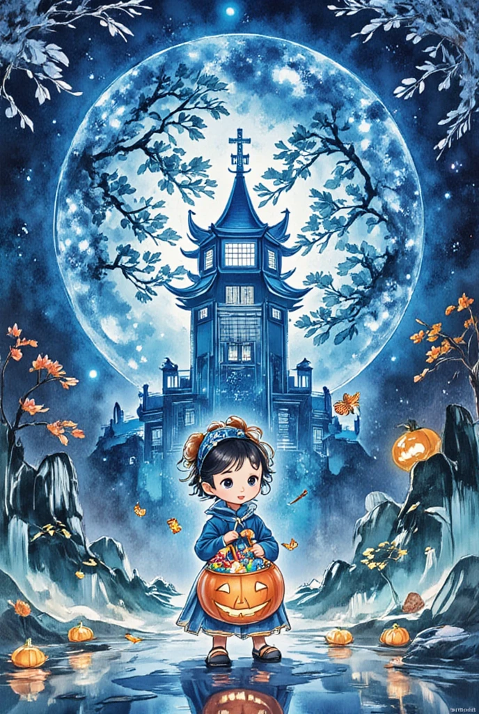  title, "   scary cute Halloween  ! Halloween art style ，Halloween theme，cartoon anime illustration  ：  Child ，   holding a pumpkin basket full of candy，Cute expression，Trick or Treat。Castle Background， A giant ghost in a wizard costume  