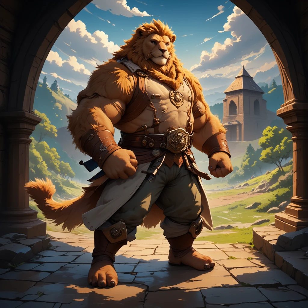 character focus, full body, looking away, various angle, european fantasy, a plump middle-aged lion man, clothed, heroic costume, pants, dynamic pose, BREAK complete anatomy, perfect proportions, beautiful thigh gap, fluffy body, intricate fur details, beautiful fur texture, BREAK a detailed lion tail, detailed boots, detailed foot, detailed hands, 5fingers, 5fingers nails, BREAK aesthetic anime face, insanity detailed face, male face, big face, square jawline, aesthetic anime eyes, detailed brown eyes, detailed brown cornea, detailed dark brown irises, detailed pupils, male eyes, big eyes, male eyebrows, innocent look, beautiful beard, BREAK full body in Michelangelo Buonarroti style, digital illustration anime, housamo style, detailed painting landscape, cave, path, outdoor, full color, HDR, BREAK masterpiece, official art, best quality, very aesthetic, absurdres, super fine illustration, great quality, BREAK noise reduction, very highres, large filesize, high quality, 32K, 8k wallpaper, dynamic lighting, BREAK insanity detailed, ultra detailed, intricate details, extremely detailed, detailed texture, an extremely delicate and beautiful, BREAK osukemo, e621 illustration, Fur Affinity illustration, kemohomo, anthropomorphic, furry, cartoon, harmonious body, pastoral face, virtuous eyes, epic atmosphere