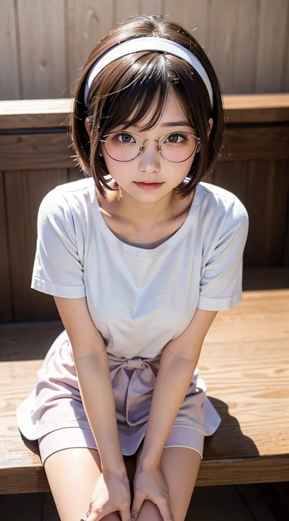 detailed_background, realistic, 1girl, looking at the viewer, sitting on bench, abandoned house, nighttime, back against the wall, eyeglasses, blushes, cap, bob_cut, bangs, white t-shirt, cleavage, big_boobs, small waist, denim, mini skirt, bare legs, thighs, thicc_thighs, knees, side view, view from below,
