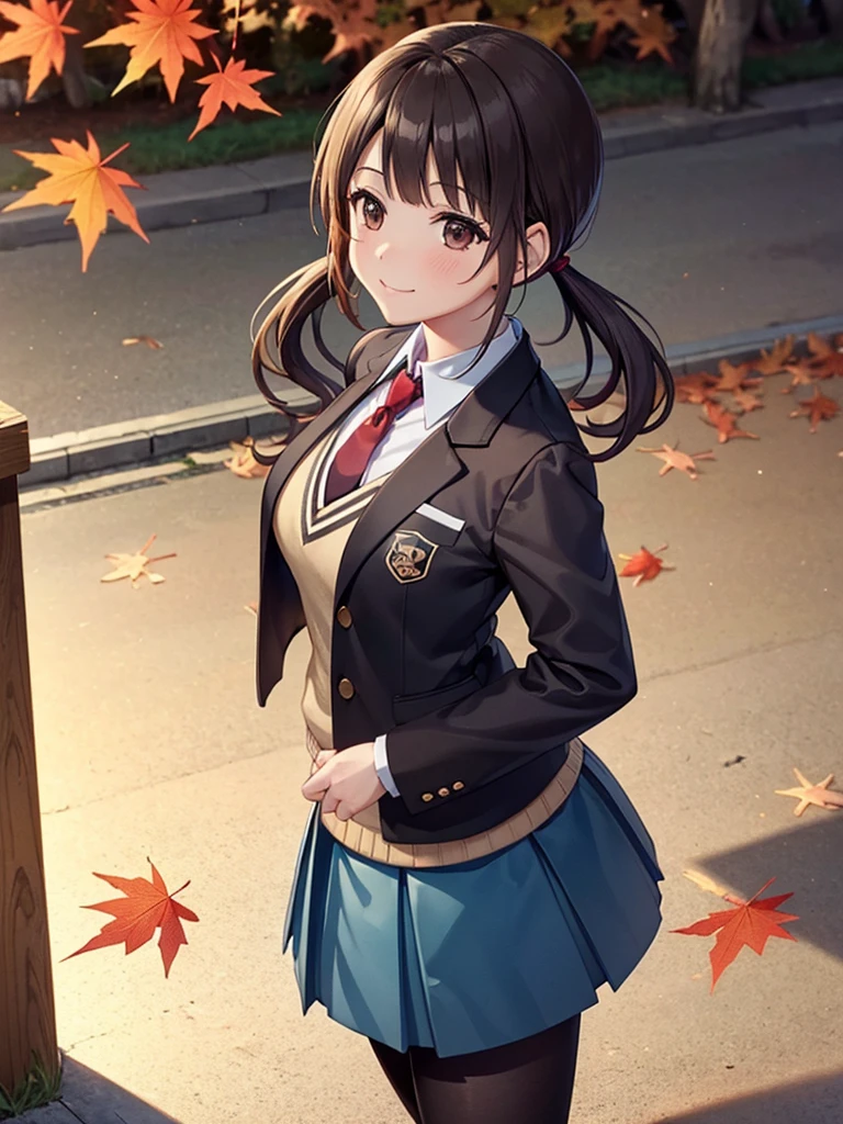 (16k, super high definition,Best Quality,masterpiece, very detailed,Extremely clear CG),Okinawa looking back at the camera, low twintails, anatomically correct body, very detailed顔の特徴, Beautiful and perfect face,dark brown jacket, red necktie, yellow sweater vest, blue skirt, pantyhose,Park in the evening,((Vivid autumn leaves:1.3)),sunset, perfect eyes ,Place your arms behind your back.:1.3, An Angle from Above ,Looking at the camera,Smiling at the audience,red cheek,Enoshima,Photographing the back