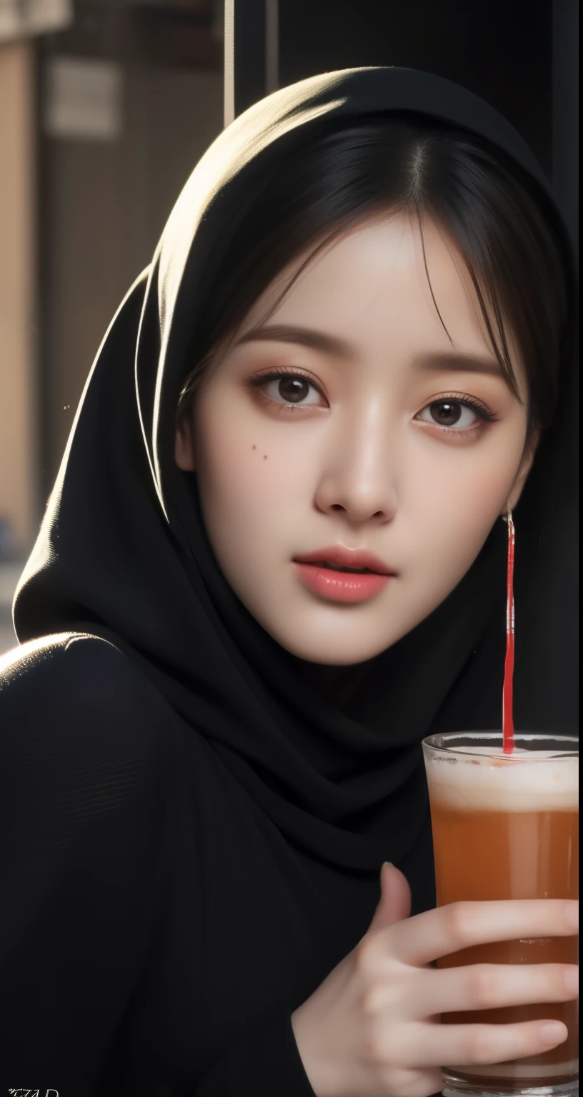 25 Years old, (elegant pose), a beautiful hijab-wearing woman buying a drink at a cafe, wearing trendy clothes, (black hijab), black hair, red lips, half-body shot, have a sexy body and big tits, wearing bra, (best quality,4k,8k,highres,masterpiece:1.2),ultra-detailed,(realistic,photorealistic,photo-realistic:1.37),detaoled face, detailedeyes, detailed, lips, detailed hand,detailed description of face and features,hyper detailed portrait, cinematic lighting, warm color tones, high-end fashion, urban cafe setting, (intricate hijab folds), glowing skin, elegant pose