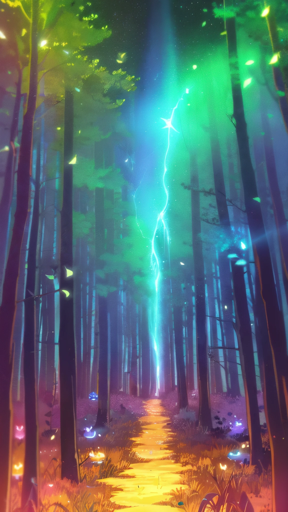 A mystical forest at night with tall, slender trees covered in dense foliage that glows in vibrant neon colors like electric blue, hot pink, and lime green. Each leaf emits a faint luminescence, giving the forest a magical, almost otherworldly glow. The trunks of the trees are dark and textured, contrasting with the bright, glowing leaves. A soft mist hangs low to the ground, illuminated in shades of purples and blues by the neon lights above. Small, robotic fireflies hover and dance through the scene, their metallic bodies shining in the dim light. Each firefly emits tiny, warm lights in shades of amber and green, leaving gentle trails as they move through the air. The forest floor is a mix of soft moss that pulses with a subtle, bioluminescent glow, and tangled roots that add a sense of depth to the ground. In the background, a faint silhouette of a glowing river can be seen, with ripples reflecting the neon colors of the foliage. The night sky above is deep and star-speckled, with faint wisps of auroras stretching across the horizon. The entire scene has an ethereal, dreamlike quality, blending natural beauty with futuristic elements