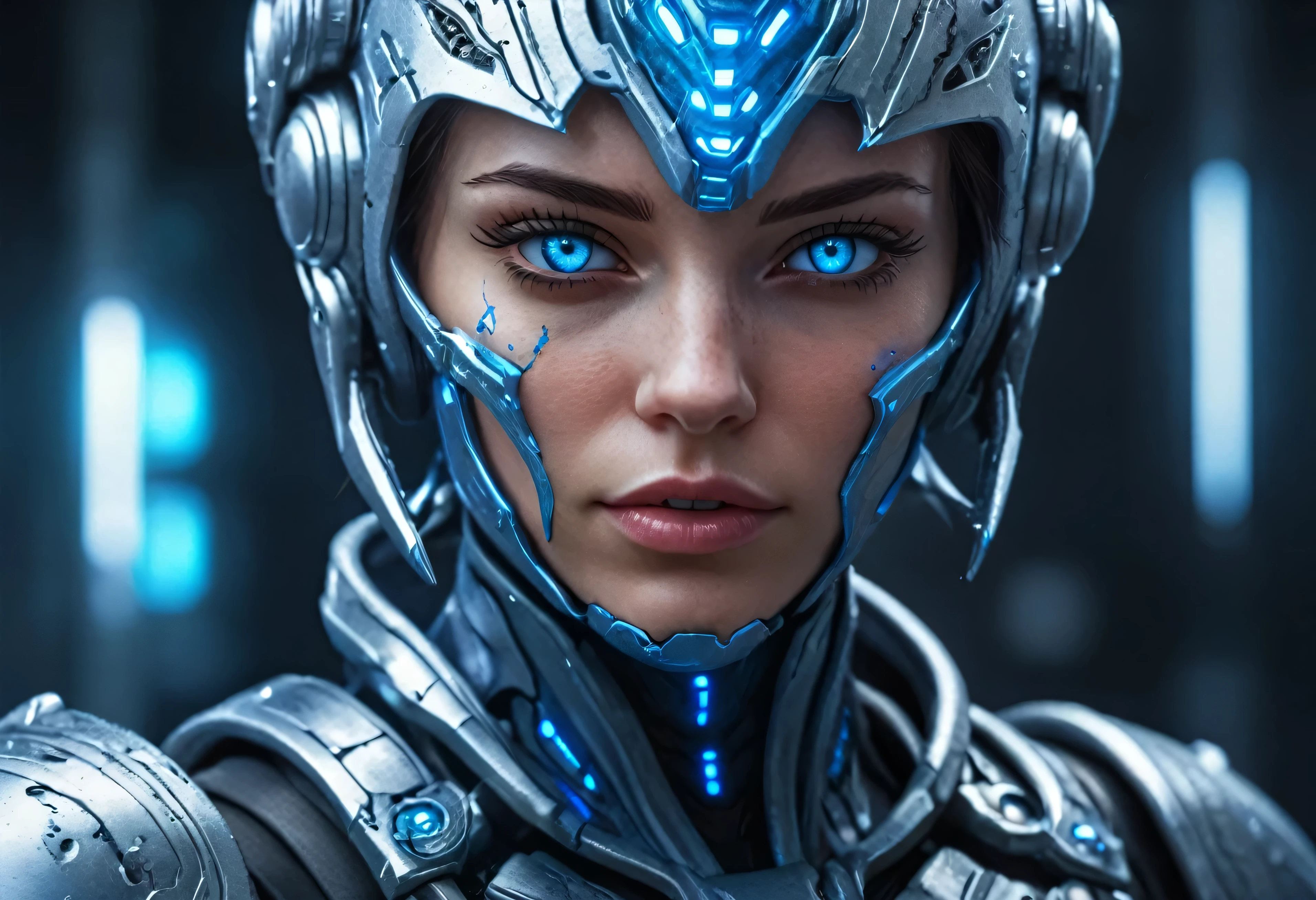 WOMAN&#39;S FACE powerful armor, sharp look,
Freezes, calls, perfect details , ( The best quality , 4k,
 High resolution,  masterpiece :1.2),  Ultra detailed,
realistic:
1.37, HDR-10,  studio lighting ,  bright colors , (cyberpunk,
Futuristic) style, Ice Blue Color Scheme,  dynamic lighting . MOD ULTRA FACE 8k laser eyes