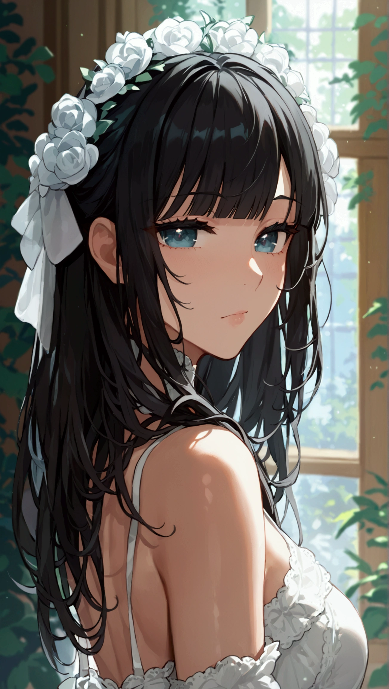 score_9, score_8_up, score_7_up, masterpiece, ultra-detailed, pretty eyes, Anime Style, nsfw,  long hair, hime cut, black hair, half Closed Eyes, white backless dress, Simple background, full body sho