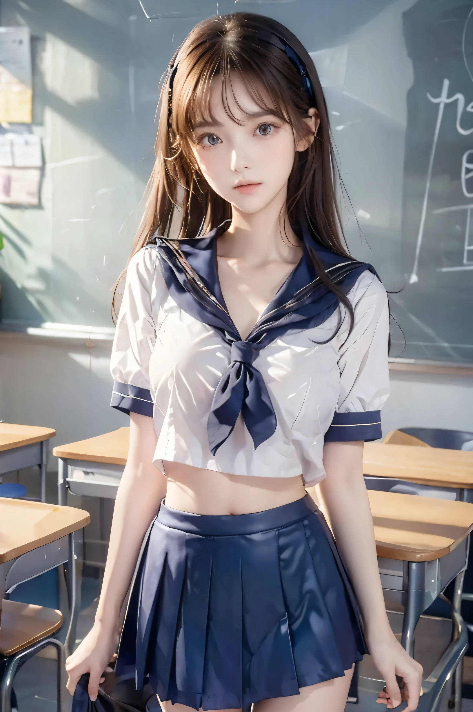 ( super high image quality ), ( looking over here), (Short-sleeved sailor uniform,  navy blue mini skirt), Big Breasts, Super beautiful breasts, Slender, (Thin legs:1.2), (Thin thighs:1.2), (Thin Hips:1.4), (Beautiful Skin,  shiny skin,  white skin), (Super slim face, Super beautiful face, No makeup, Smile:0.6), (Light Brown Hair,  semi-long, Layered Cut, Fluffy hair), (Big eyes:1.3, High corners of the eyes:1.6, double eyelid), (Thin eyebrows:0.1), (Small Nose:0.6), (Thin lips:0.6), Beautiful Hands, Empty-handed,  standing, School classroom