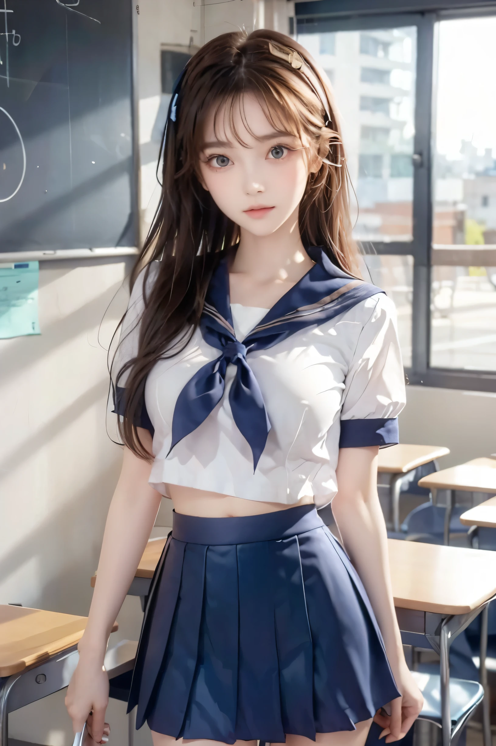 ( super high image quality ), ( looking over here), (Short-sleeved sailor uniform,  navy blue mini skirt), Big Breasts, Super beautiful breasts, Slender, (Thin legs:1.2), (Thin thighs:1.2), (Thin Hips:1.4), (Beautiful Skin,  shiny skin,  white skin), (Super slim face, Super beautiful face, No makeup, Smile:0.6), (Light Brown Hair,  semi-long, Layered Cut, Fluffy hair), (Big eyes:1.3, High corners of the eyes:1.6, double eyelid), (Thin eyebrows:0.1), (Small Nose:0.6), (Thin lips:0.6), Beautiful Hands, Empty-handed,  standing, School classroom