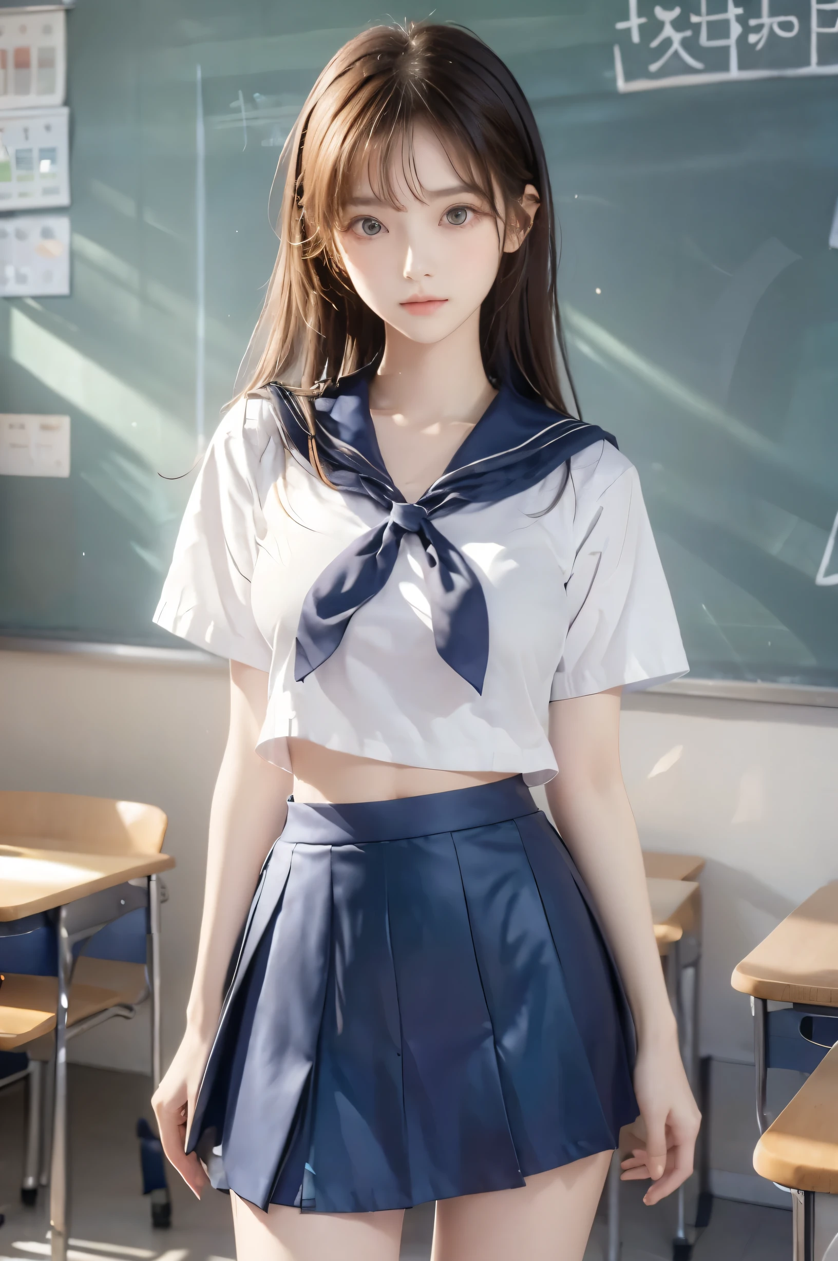 ( super high image quality ), ( looking over here), (Short-sleeved sailor uniform,  navy blue mini skirt), Big Breasts, Super beautiful breasts, Slender, (Thin legs:1.2), (Thin thighs:1.2), (Thin Hips:1.4), (Beautiful Skin,  shiny skin,  white skin), (Super slim face, Super beautiful face, No makeup, Smile:0.6), (Light Brown Hair,  semi-long, Layered Cut, Fluffy hair), (Big eyes:1.3, High corners of the eyes:1.6, double eyelid), (Thin eyebrows:0.1), (Small Nose:0.6), (Thin lips:0.6), Beautiful Hands, Empty-handed,  standing, School classroom