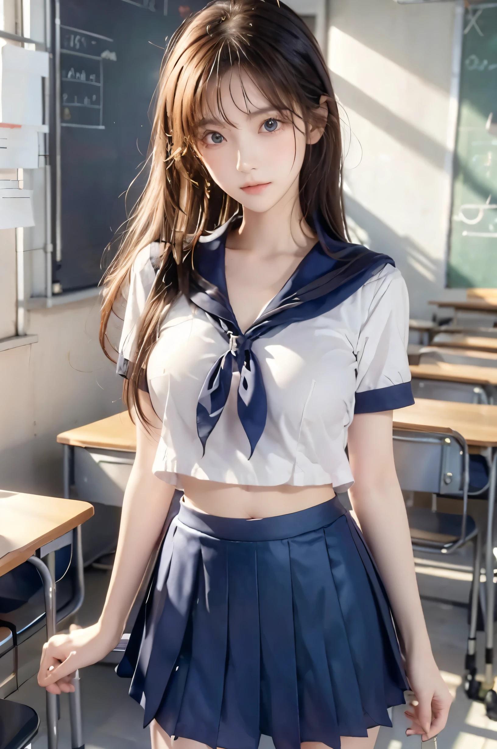 ( super high image quality ), ( looking over here), (Short-sleeved sailor uniform,  navy blue mini skirt), Big Breasts, Super beautiful breasts, Slender, (Thin legs:1.2), (Thin thighs:1.2), (Thin Hips:1.4), (Beautiful Skin,  shiny skin,  white skin), (Super slim face, Super beautiful face, No makeup, Smile:0.6), (Light Brown Hair,  semi-long, Layered Cut, Fluffy hair), (Big eyes:1.3, High corners of the eyes:1.6, double eyelid), (Thin eyebrows:0.1), (Small Nose:0.6), (Thin lips:0.6), Beautiful Hands, Empty-handed,  standing, School classroom