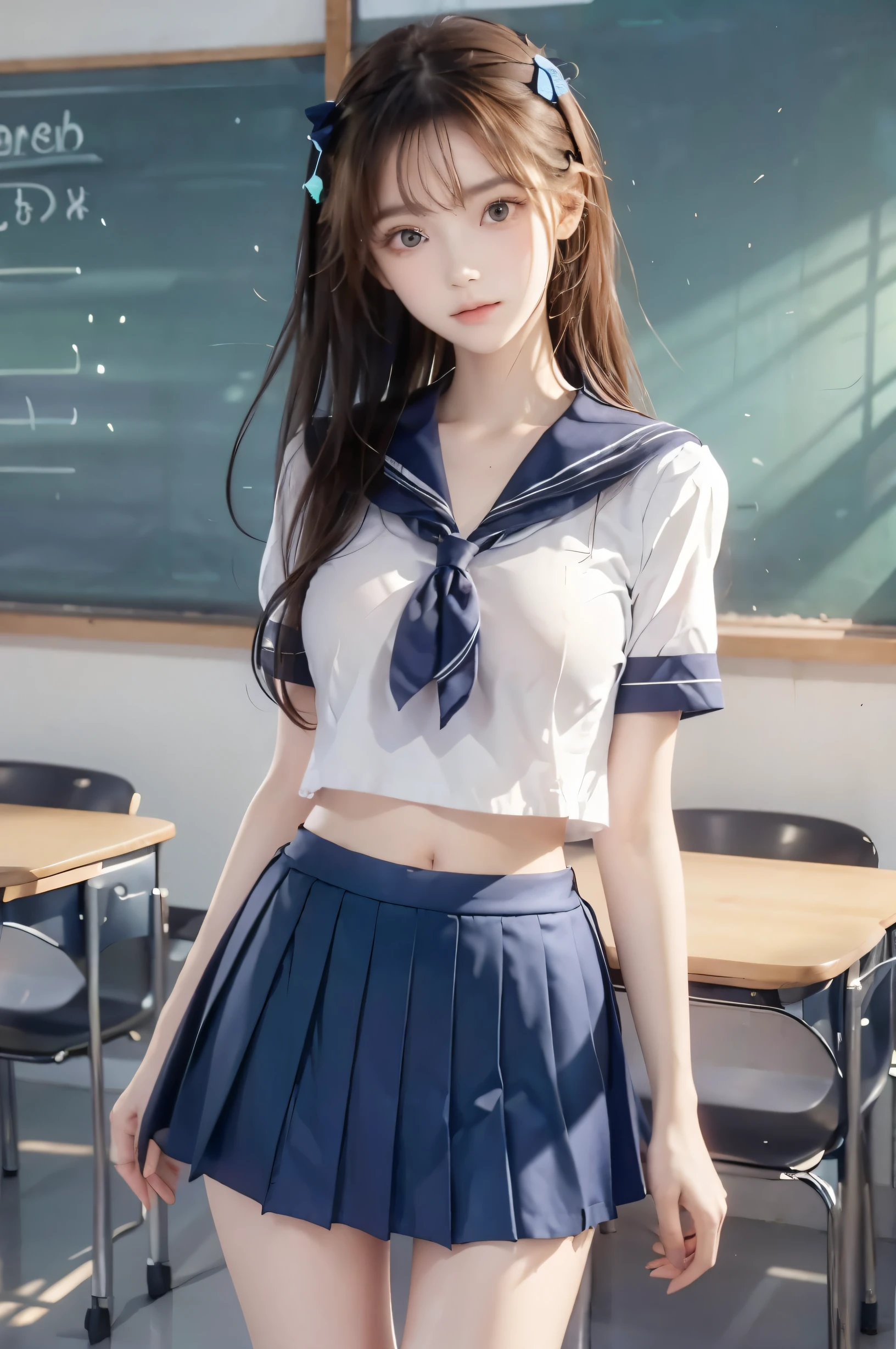 ( super high image quality ), ( looking over here), (Short-sleeved sailor uniform,  navy blue mini skirt), Big Breasts, Super beautiful breasts, Slender, (Thin legs:1.2), (Thin thighs:1.2), (Thin Hips:1.4), (Beautiful Skin,  shiny skin,  white skin), (Super slim face, Super beautiful face, No makeup, Smile:0.6), (Light Brown Hair,  semi-long, Layered Cut, Fluffy hair), (Big eyes:1.3, High corners of the eyes:1.6, double eyelid), (Thin eyebrows:0.1), (Small Nose:0.6), (Thin lips:0.6), Beautiful Hands, Empty-handed,  standing, School classroom