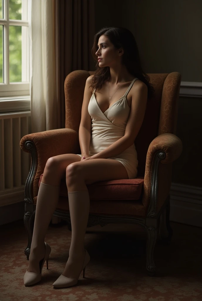 Woman in short dress without underwear on chair spreading her legs