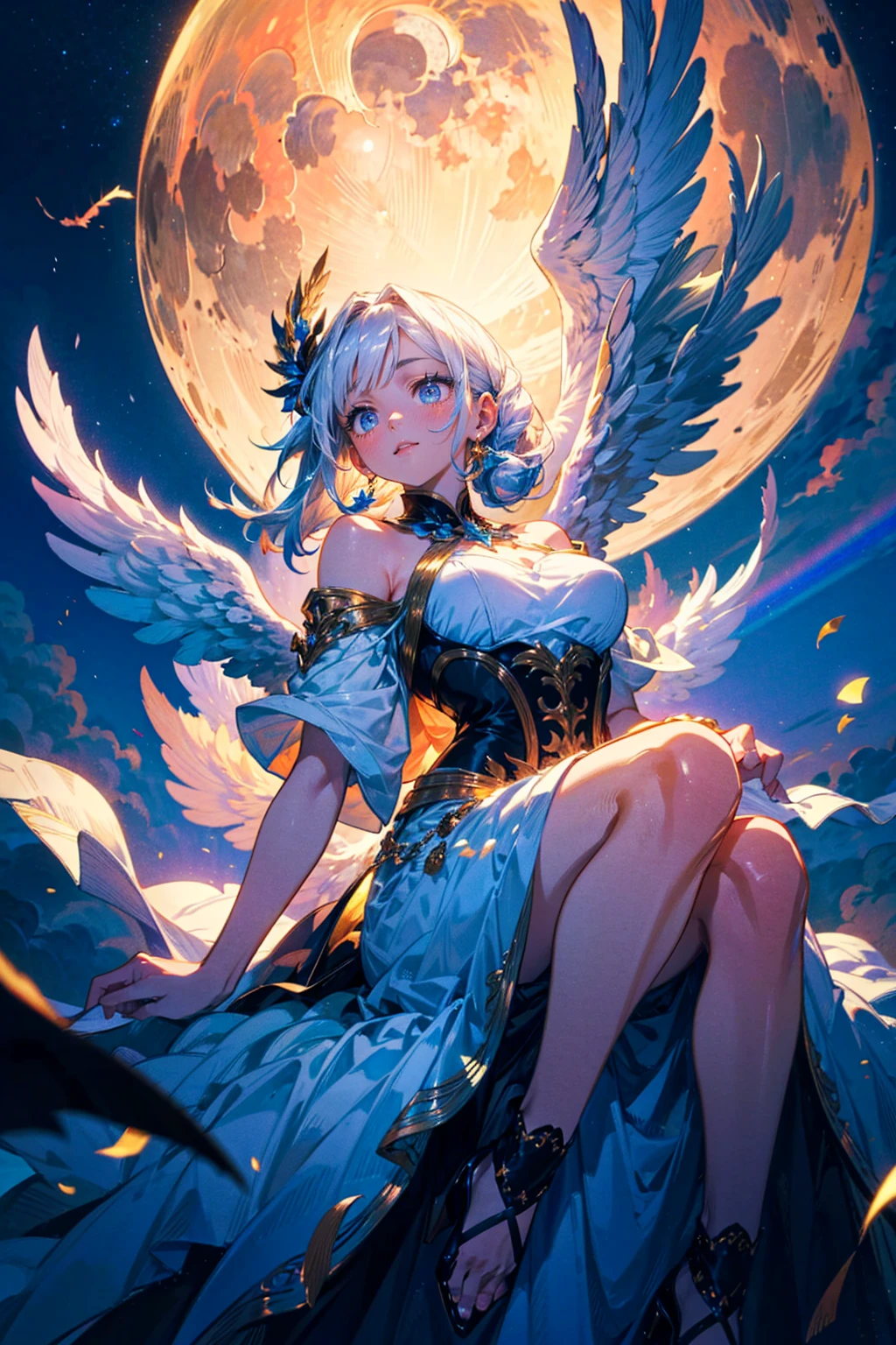 A beautiful angel flying in a fantastic night sky with rainbow-colored clouds illuminated by the moon. Wings flapping. A beautiful face and shining eyes of vivid colors. She wears elaborate and delicate ornaments. Her large, pure white wings glisten faintly in the moonlight. A palace in the sky peeking through the clouds. The detailed drawing. Vivid colors. High image quality. --s 1000 --ar 3:4 --niji 5