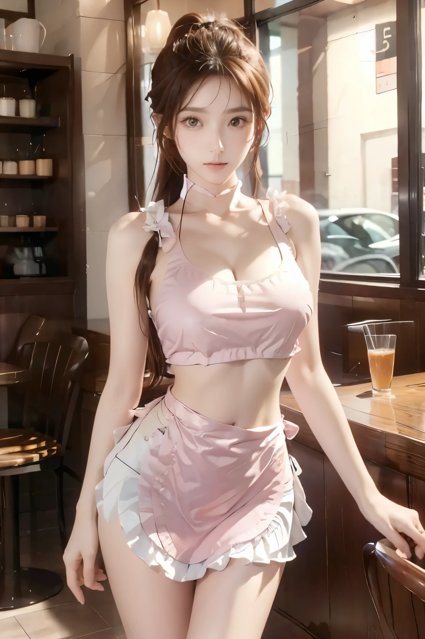 ( super high image quality ), ( looking over here), (Pink shirt, White ruffled apron), Big Breasts, Super beautiful breasts, Slender,  narrow waist, (Thin legs:1.2), (Thin thighs:1.2), (Thin Hips:1.4), (Beautiful Skin,  shiny skin,  white skin), (Super slim face, Super beautiful face, No makeup, smile:0.6), (Light Brown Hair,  long ponytail, Layered Cut, Fluffy hair), (Big eyes:1.3, High corners of the eyes:1.6, double eyelid), (Thin eyebrows:0.1), (Small Nose:0.6), (Thin lips:0.6), Beautiful Hands, Empty-handed,  standing, Bright restaurant