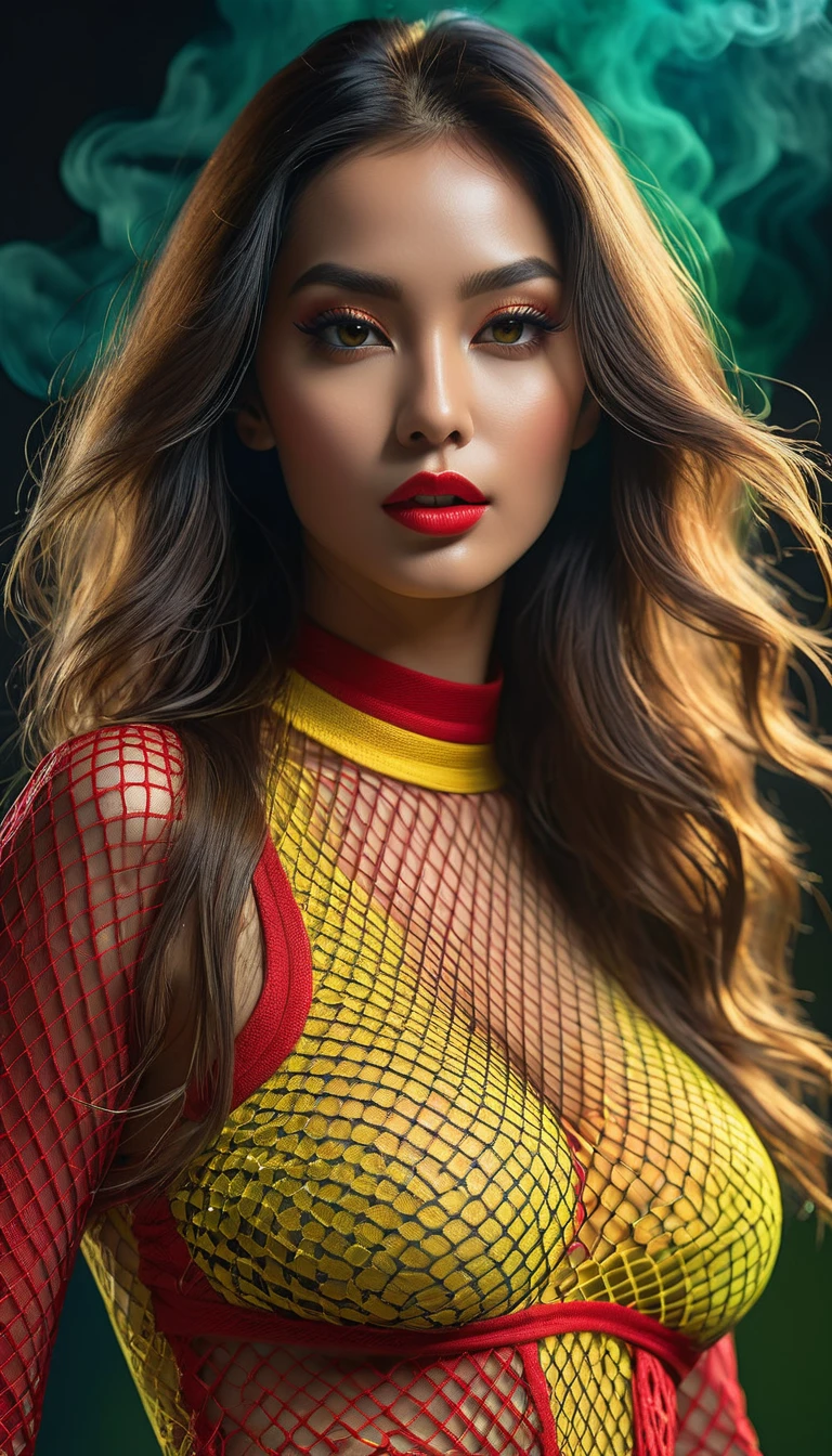 studio photography of a stunning alluring fishnet goddess in a red and yellow outfit braless beautiful with random moll , slim fit body, abs, lease long hair with blue glow, , dark green smoke backdrop, free and bold personality photorealism, hyper realistic concept art, insanely detailed, intricate,, 16k rendering, by WLOP, ,, detail aesthetic, unforgettable, impressive, breathtaking beauty,
