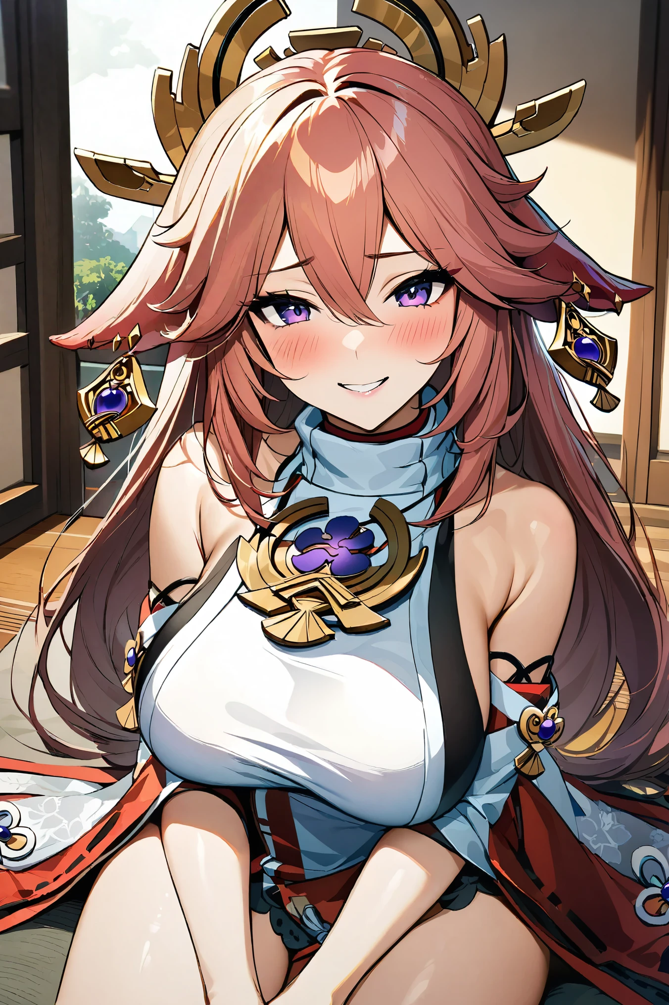 NSFW,masterpiece,Best Quality, Kampala, very detailed ,Yae Miko\(Genshin Impact\),Hair accessories、 turtleneck sweater、Sleeveless、gem、 earrings,Big Breasts,Housing,Western-style room,living,Sofa,blush, sexy smile