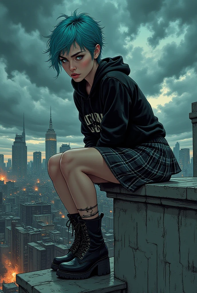 Comic book style, illustration, manga, cinematic style,
(Perfect Masterpiece:1.2), (Best quality, 4k, 8k, high definition, masterpiece), Punk gothic tomboy, with bright blue hair, pixie cut, angry grey eyes, in a shabby black hoodie, plaid skirt, combat boots, perched on a rooftop, overlooking a dystopian skyline, with swirling storm clouds and distant explosions, (Vector illustration in the style of retrofuturism, pop art, and graphic novel, masashi kishimoto:1.3), \(inspired by Konan from Naruto\)