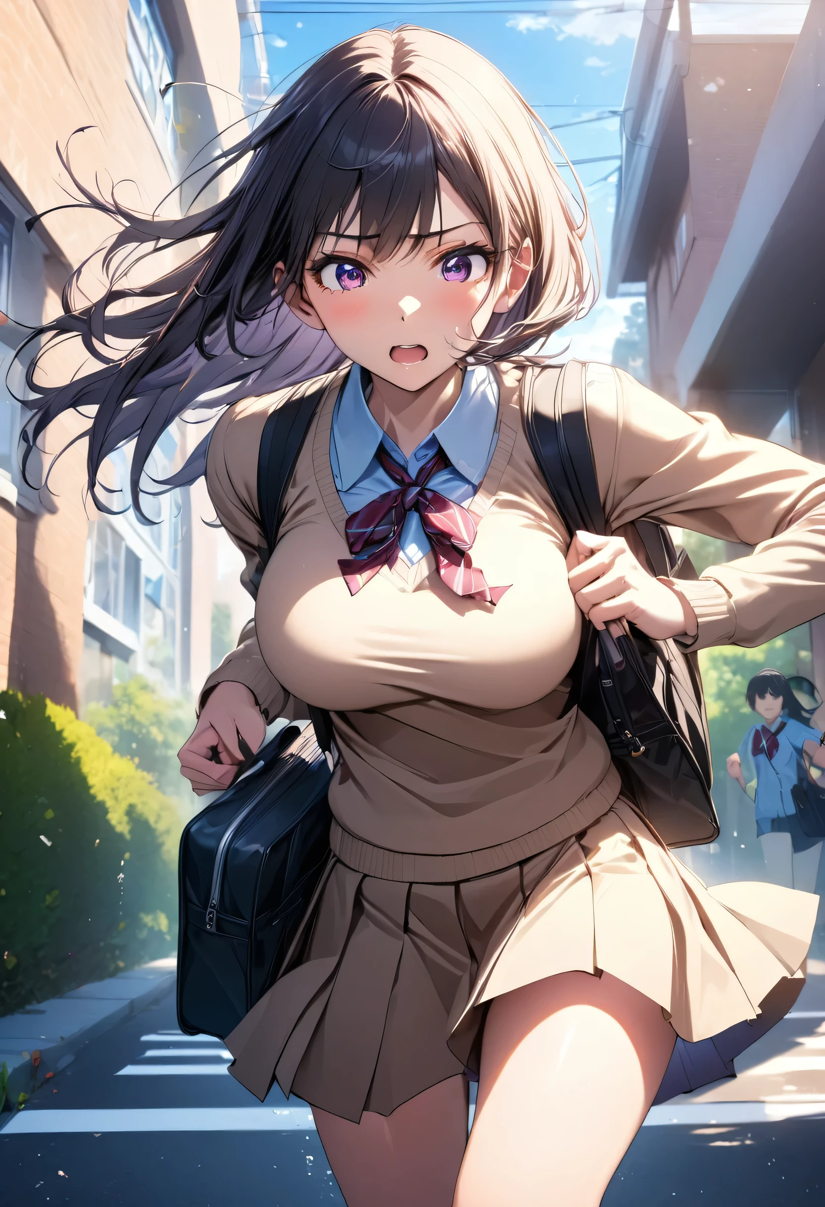 "A highly detailed, masterpiece-level anime-style illustration of a high school girl in top-quality detail, She has an impatient, panicked expression as she rushes down her school route, holding her school bag tightly. Her school uniform flutters as she runs, capturing the sense of urgency and energy in the scene. The background shows a typical school route, with familiar streets and a warm morning light, adding to the feeling of a frantic morning rush.One girl, masterpiece, top quality, super detail,big breast, holding school bag, high school girl's clothes, school route. --ar 3:4 --stylize 300 --v 6.1