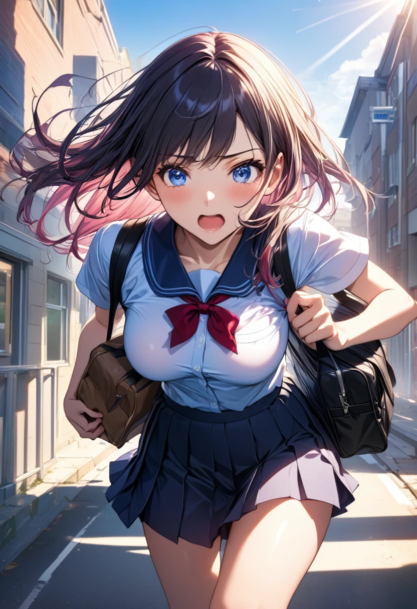 "A highly detailed, masterpiece-level anime-style illustration of a high school girl in top-quality detail, She has an impatient, panicked expression as she rushes down her school route, holding her school bag tightly. Her school uniform flutters as she runs, capturing the sense of urgency and energy in the scene. The background shows a typical school route, with familiar streets and a warm morning light, adding to the feeling of a frantic morning rush.One girl, masterpiece, top quality, super detail,big breast, holding school bag, high school girl's clothes, school route. --ar 3:4 --stylize 300 --v 6.1